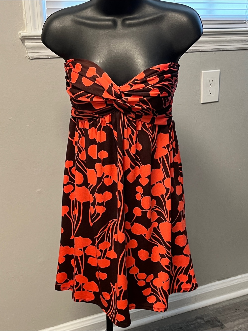Alyn Paige Strapless Brown Dress with Bold Orange Floral Pattern